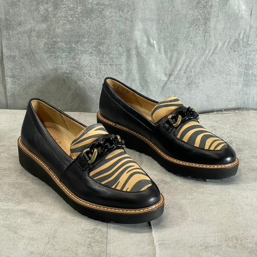 NATURALIZER Women's Black-Creme Zebra Print Chain-Detail Agnes Slip-On Loafers